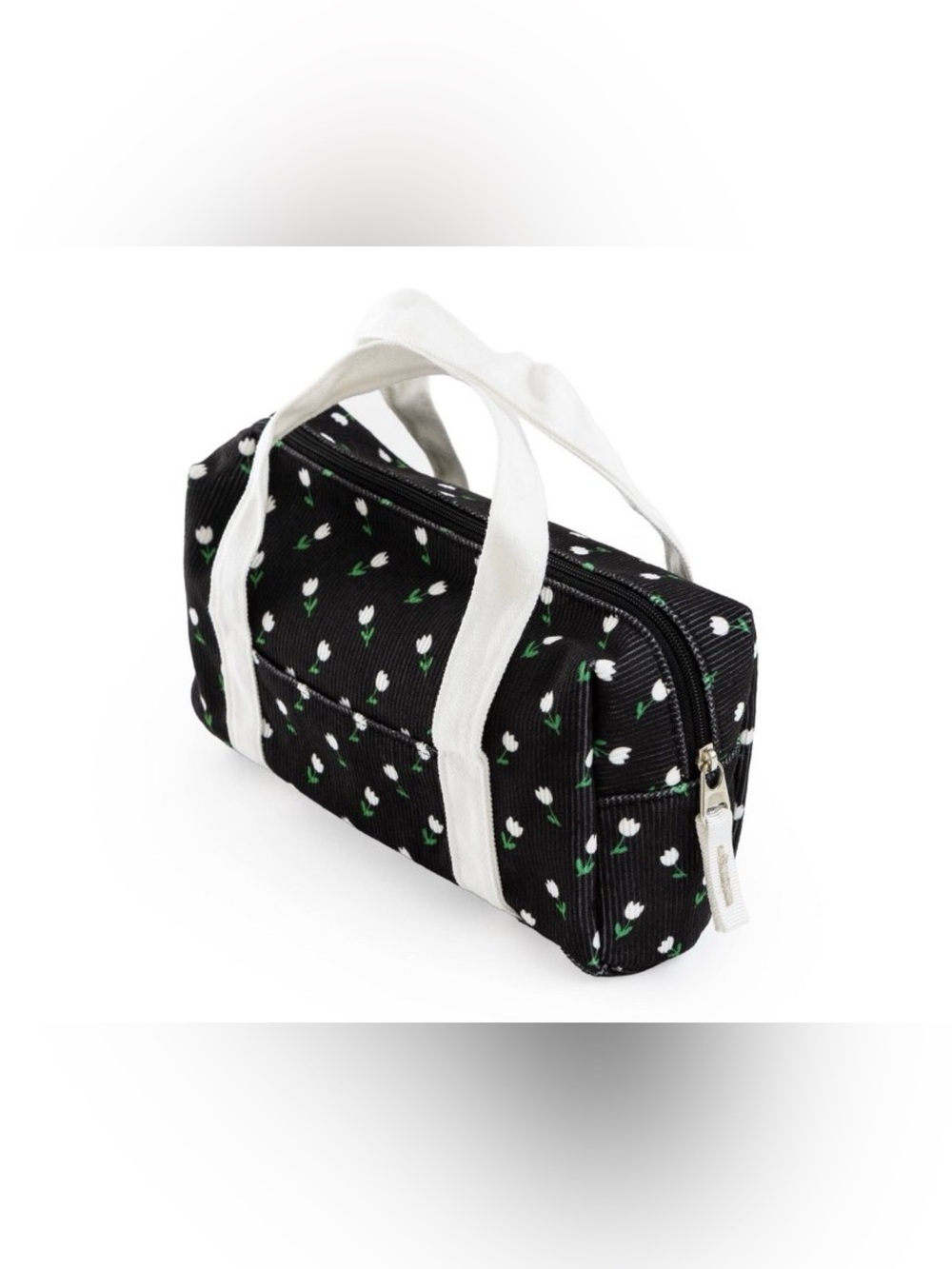 Yoobi Single Zip Corduroy Pouch with Handles - Black Mini Tulips